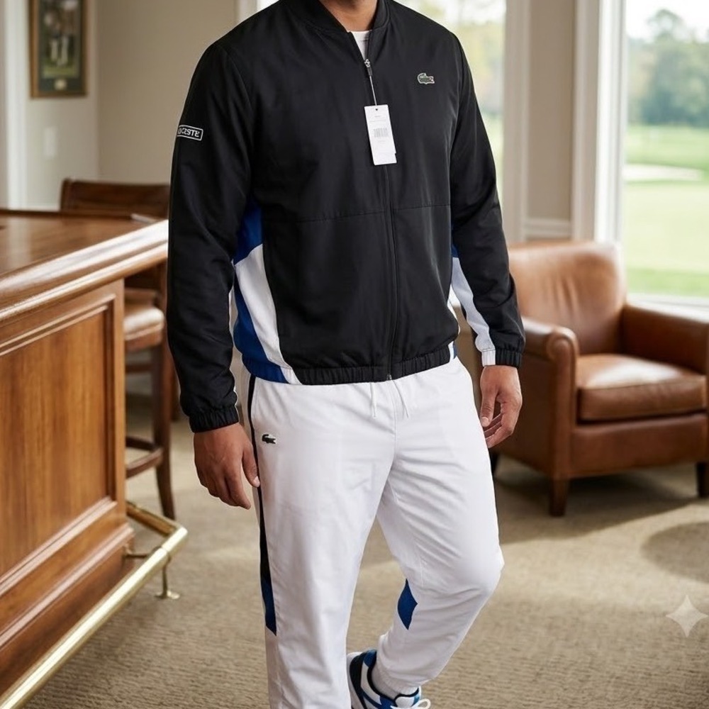 Lacoste Sport Mens Tracksuit Set Black White Blue XXL Full Zip Jacket Pants NWT